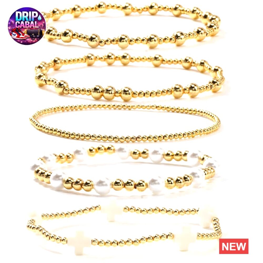 Gold Beaded Stretch Bracelets Stackable Boho Christian Cross Charm Jewelry